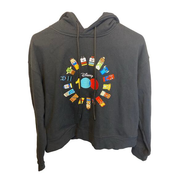 Disney 100 Unified Characters Cropped Long Sleeve Black Hoodie Sweatshirt Medium - Picture 1 of 7
